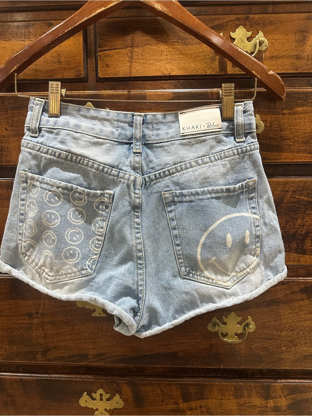 Khaki + Blue Light Wash Denim Smile Patch Shorts - Women